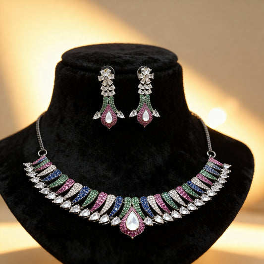 Elegant Multicolor Crystal Necklace & Earrings Set – Premium artificial Jewelry