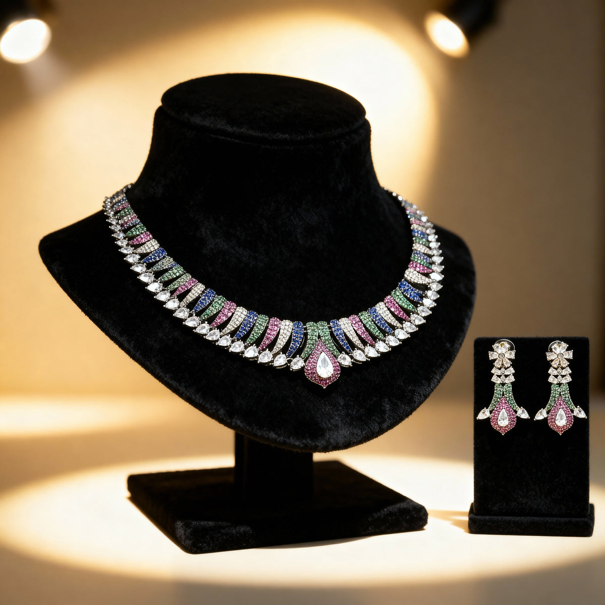 Elegant Multicolor Crystal Necklace & Earrings Set – Premium artificial Jewelry