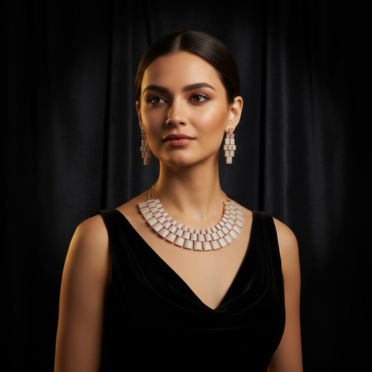 Luxury Rose Gold Geometric Necklace Set with Earrings | Statement Diamond Look Jewelry for Women