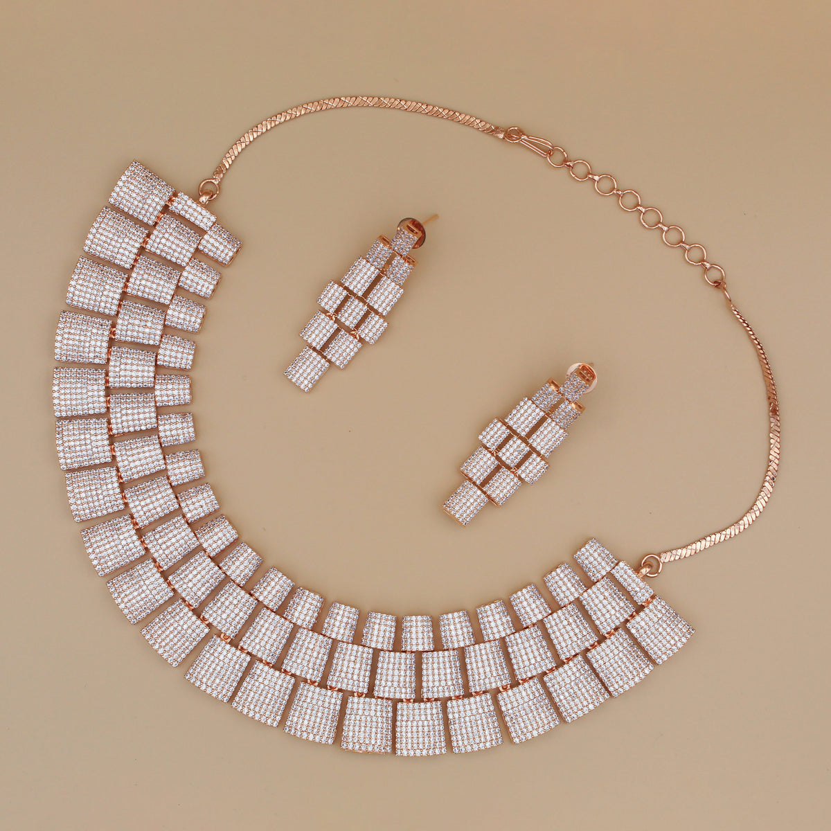 Luxury Rose Gold Geometric Necklace Set with Earrings | Statement Diamond Look Jewelry for Women
