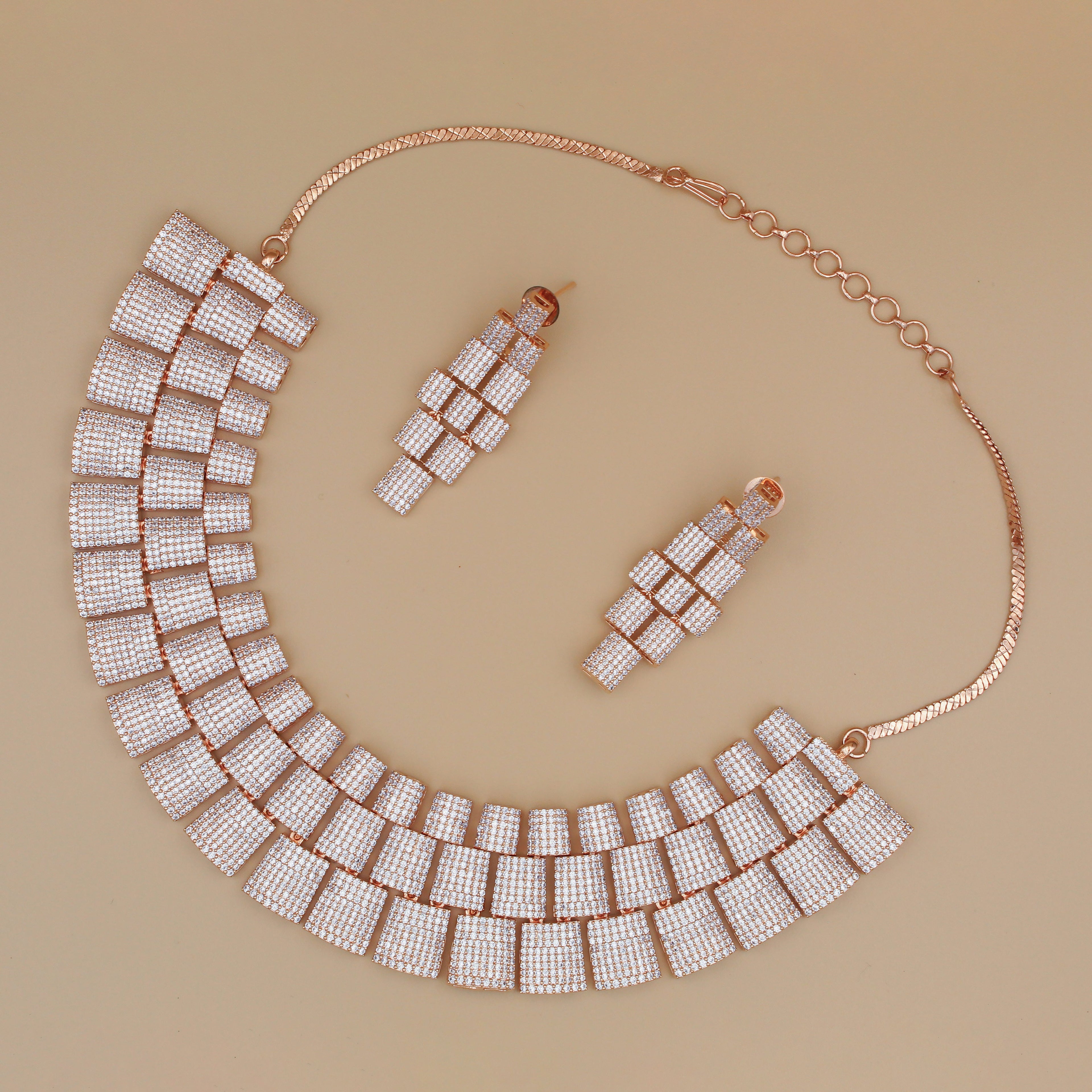 Luxury Rose Gold Geometric Necklace Set with Earrings | Statement Diamond Look Jewelry for Women
