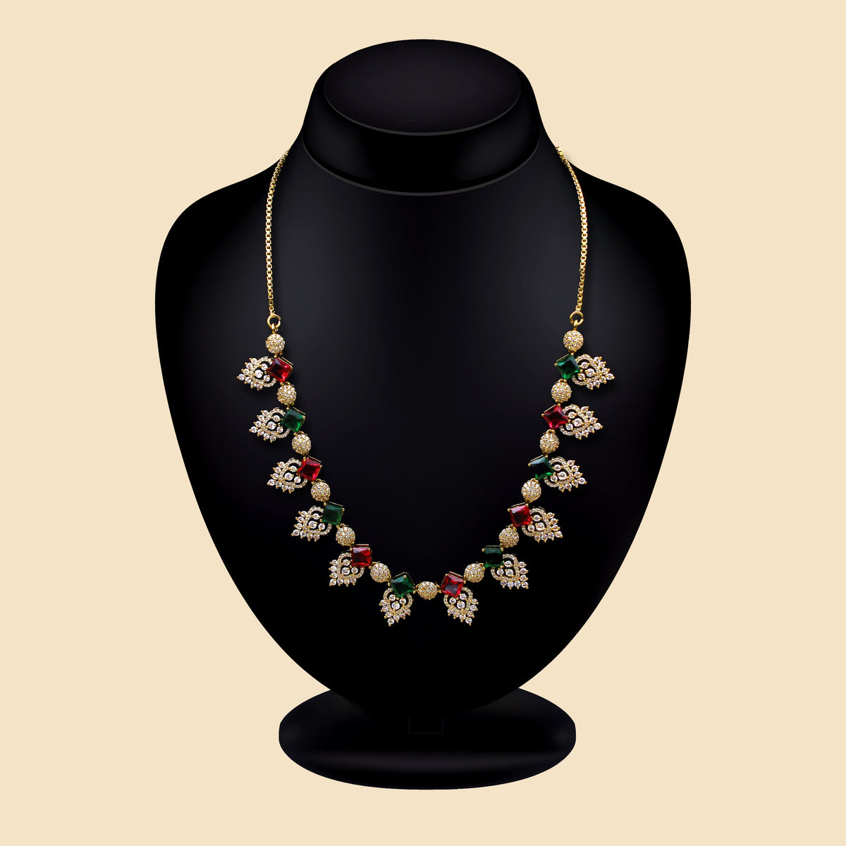 Antique Gold Necklace with Red & Green Gemstones | Traditional artificial Jewelry for Women