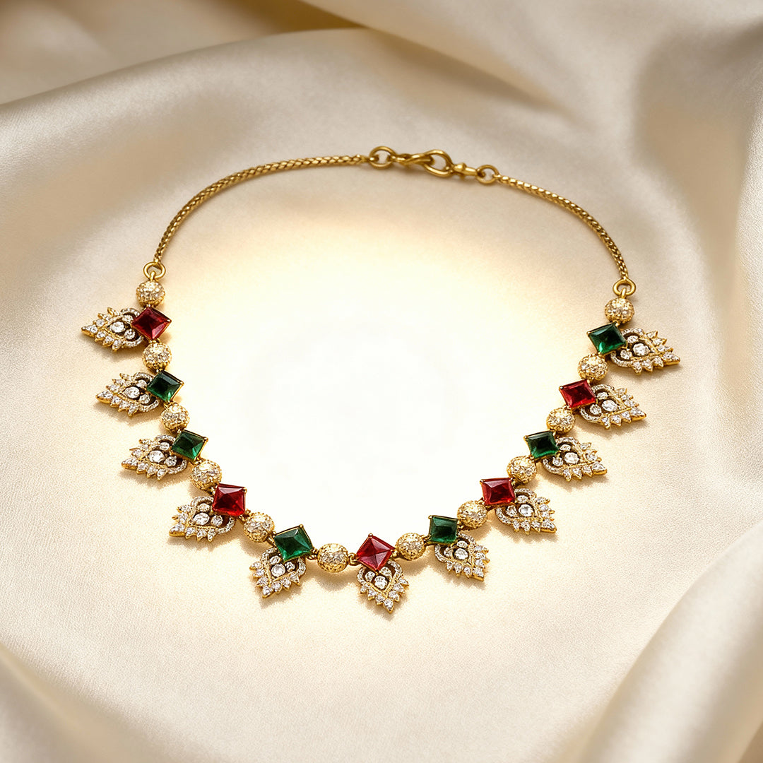 Antique Gold Necklace with Red & Green Gemstones | Traditional artificial Jewelry for Women