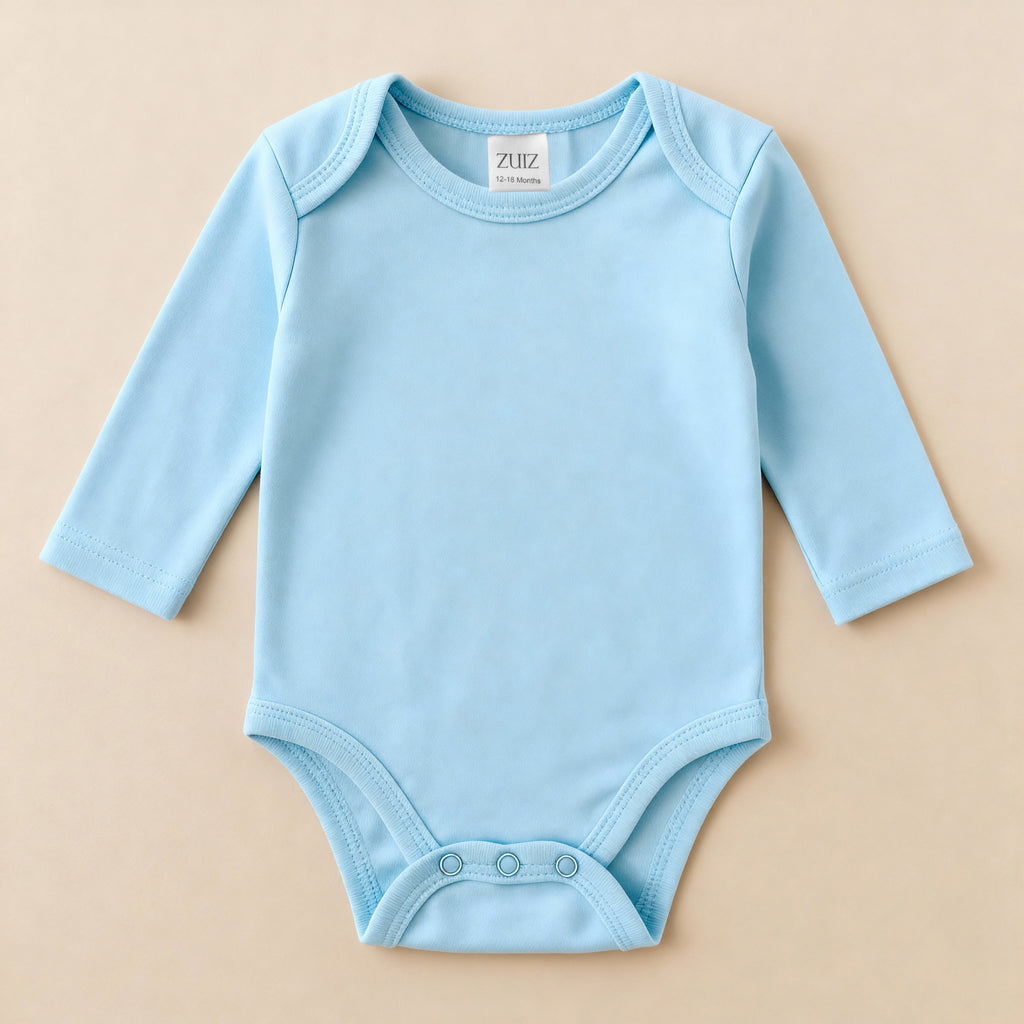 Natural Cotton Long Sleeve Baby Bodysuit | Snaps Closure | Sky Blue | Ascotta Premium