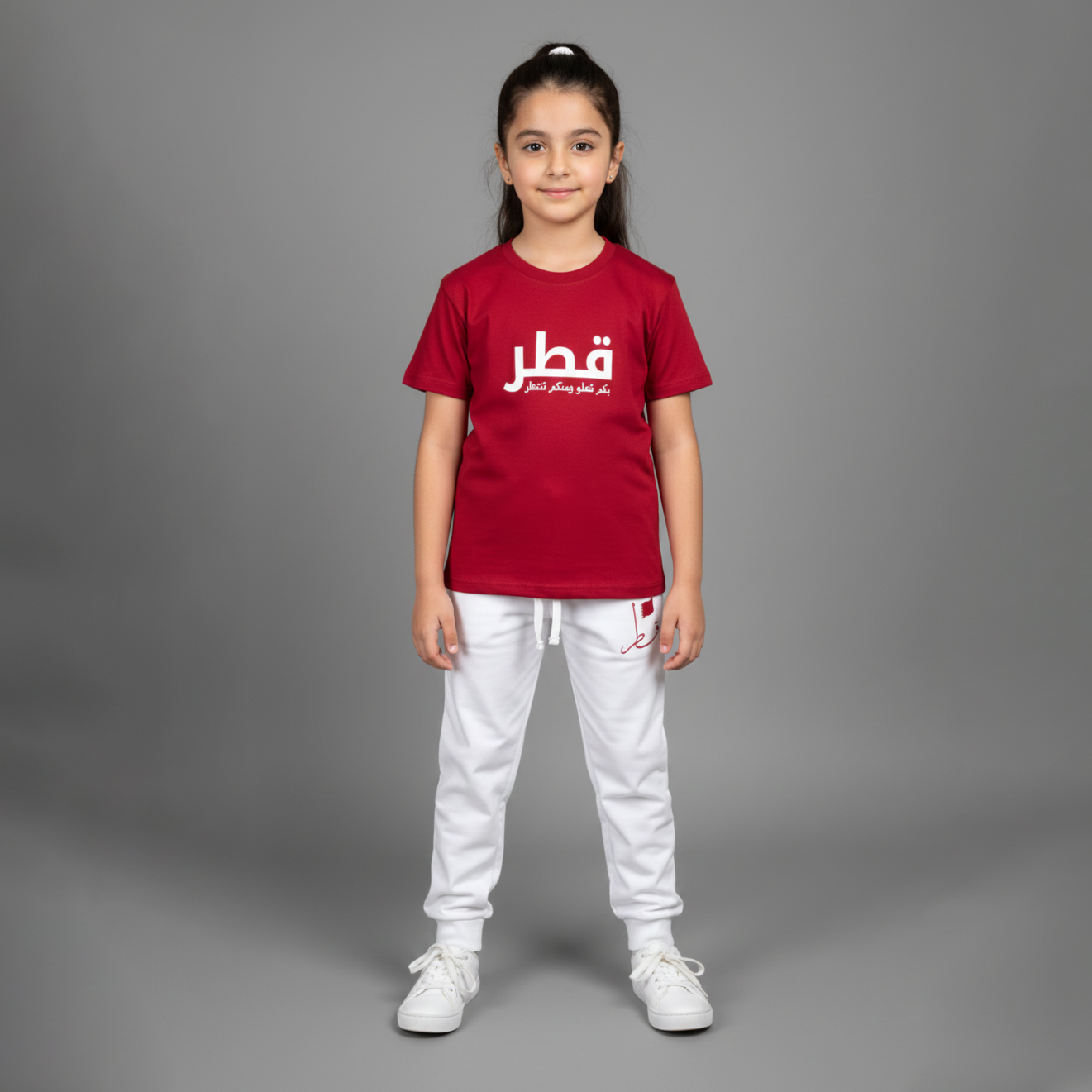 Qatar National Day Slogan Printed Maroon T Shirt with White Pant Girls