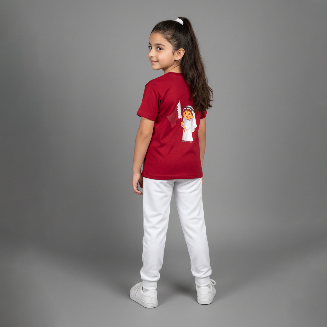Qatar National Day Slogan Printed Maroon T Shirt with White Pant Girls