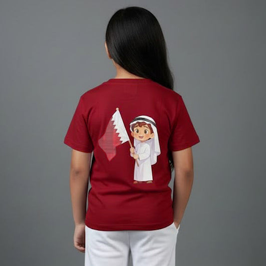 Qatar National Day Slogan Printed Maroon T Shirt with White Pant Girls