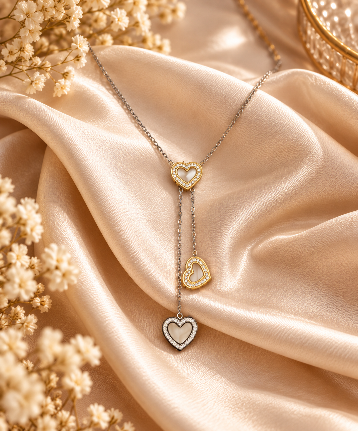 Tri-Heart Layered Pendant Necklace with Crystal-Edged Charms