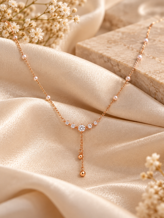 Women's Rose Gold Tone Pearl Accent Y-Drop Necklace