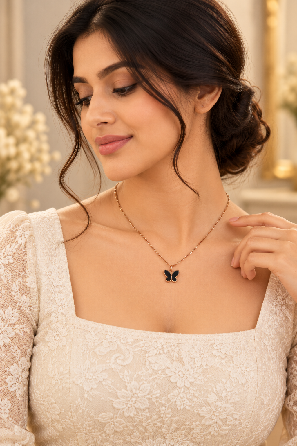 Women's Gold-Tone Butterfly Pendant Necklace – Black