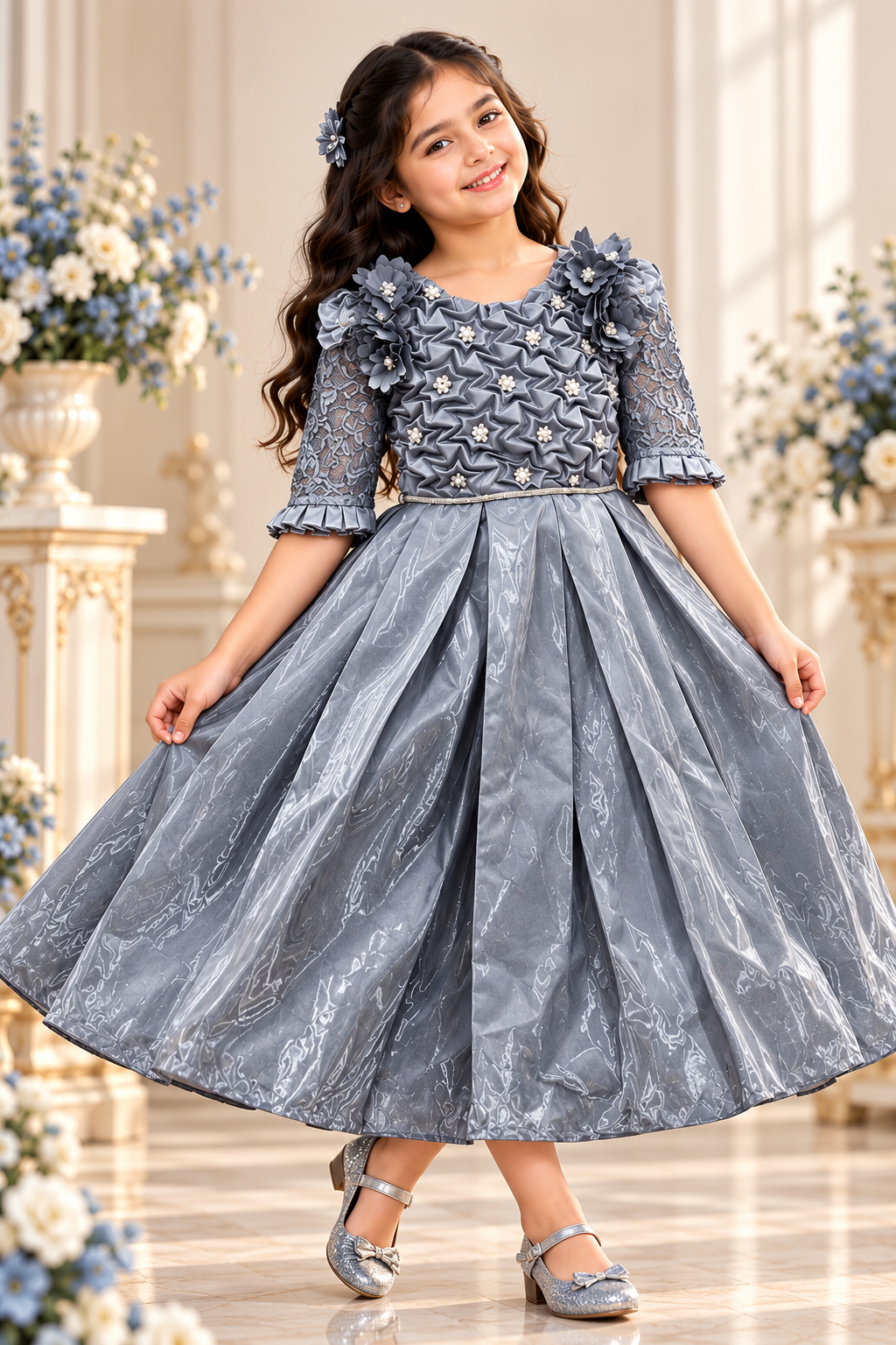 Girls' Silver Grey Organza Princess Party Dress with Floral Embellishments