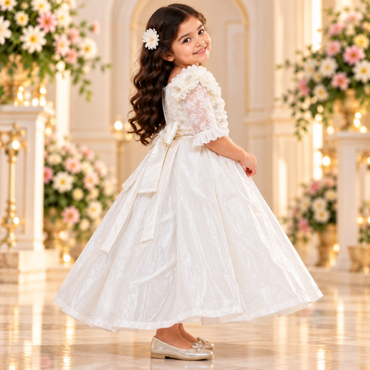 Girls' Ivory White Princess Party Gown with Floral Details