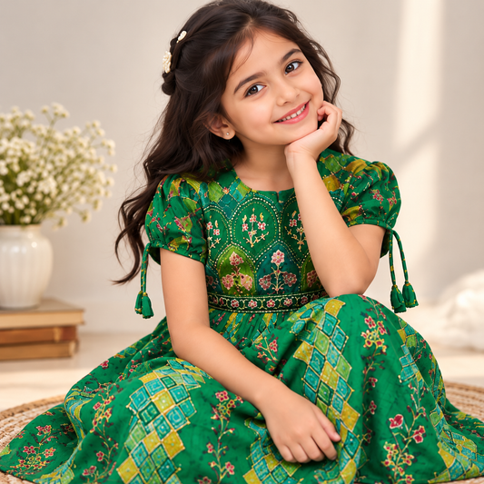Girls' Emerald Green Floral Printed Ethnic Dress with Puff Sleeves