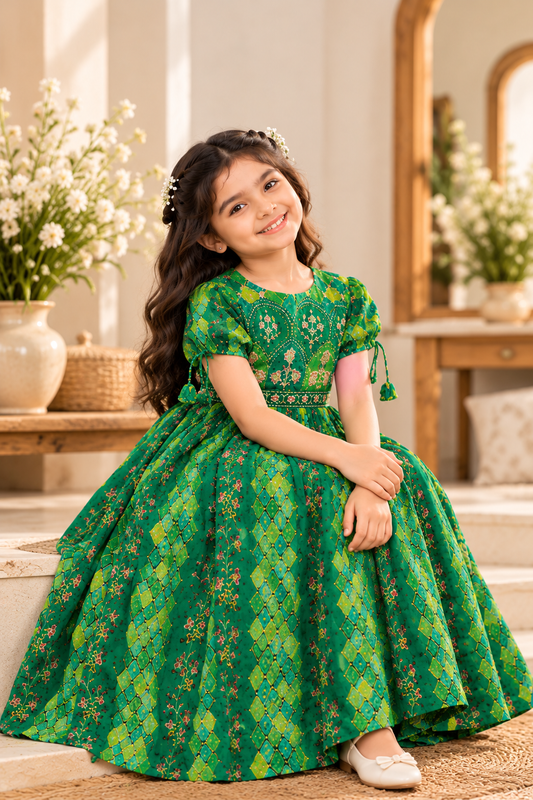 Girls' Emerald Green Floral Printed Ethnic Dress with Puff Sleeves