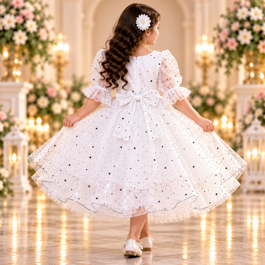Girls' White Star Print Princess Party Dress with Floral Bodice
