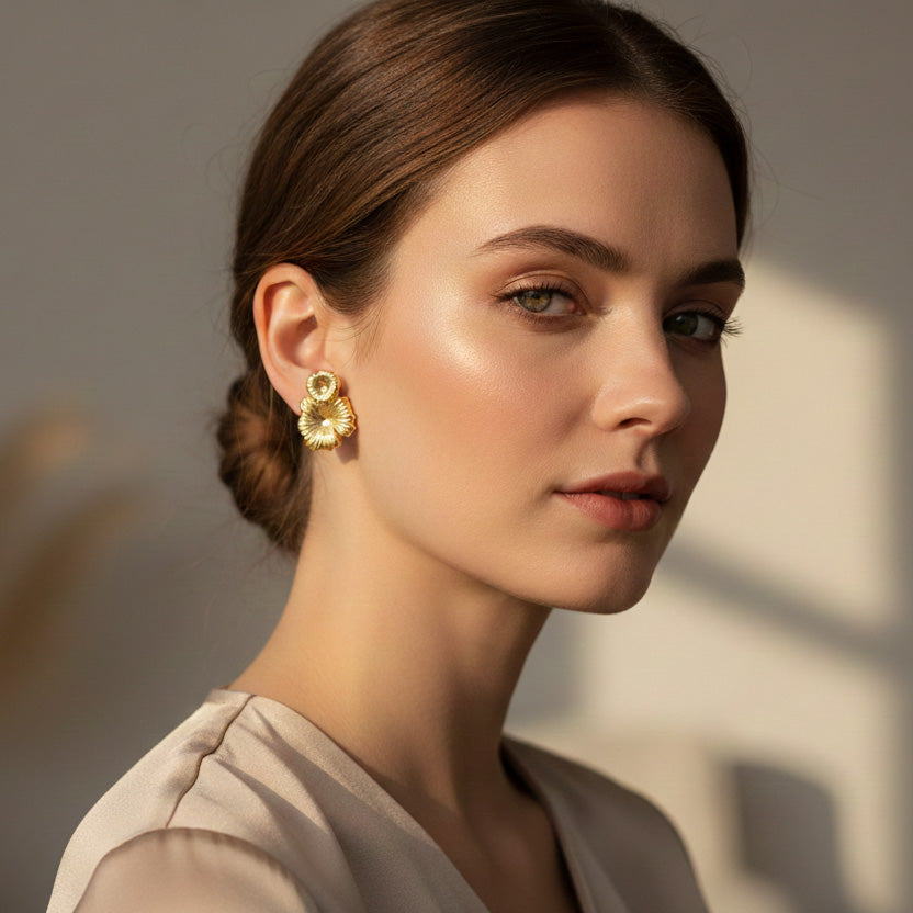 Gold Tone Floral Texture Stud Earrings | Minimal Art Jewelry for Everyday Wear