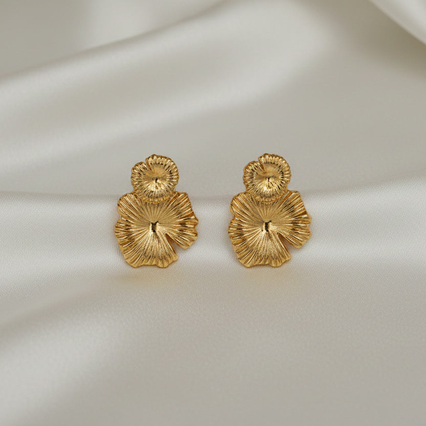 Gold Tone Floral Texture Stud Earrings | Minimal Art Jewelry for Everyday Wear
