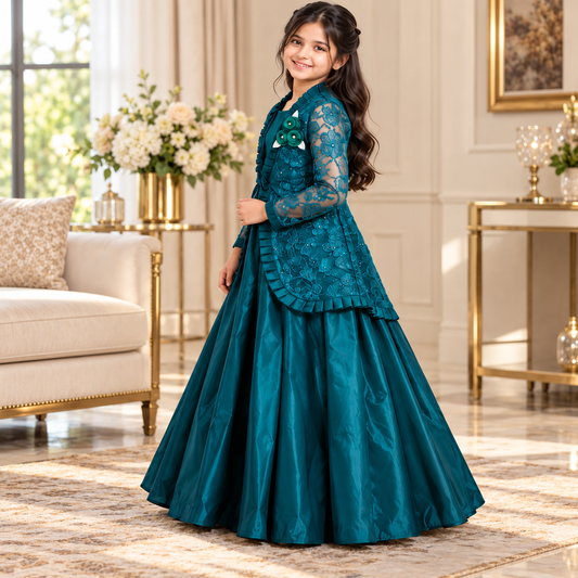 Girls' Teal Green Party Gown with Floral Lace Overlay