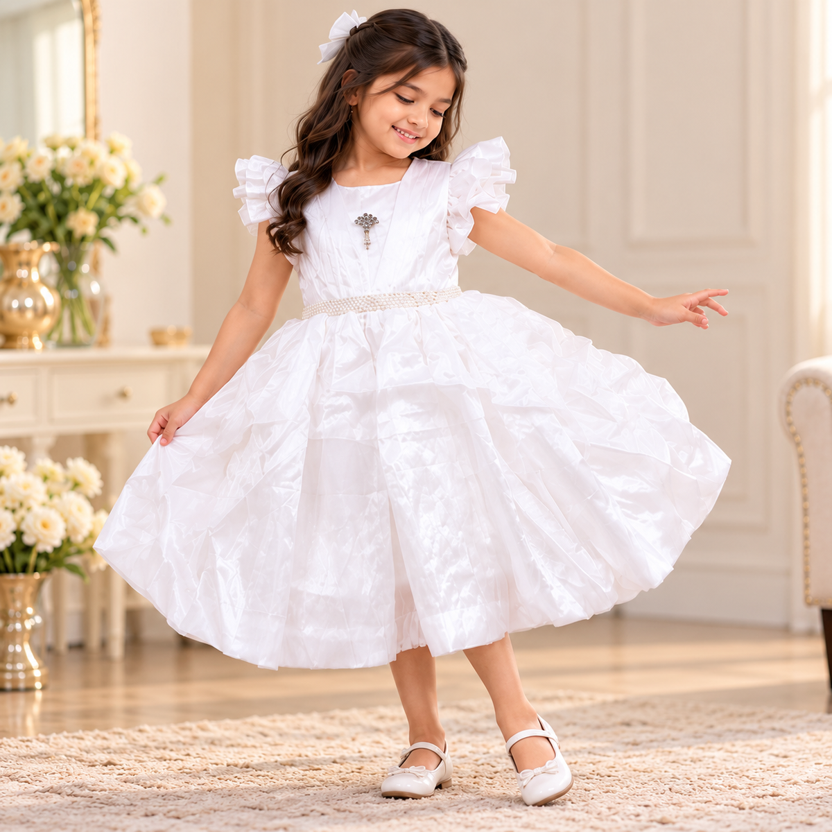 Girls' White Princess Party Dress with Layered Ruffle Skirt