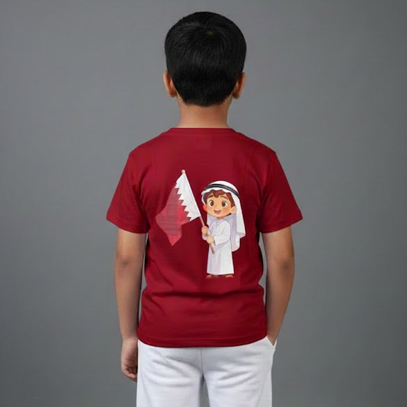 Qatar National Day Slogan Printed Maroon T Shirt with White Pant Boys