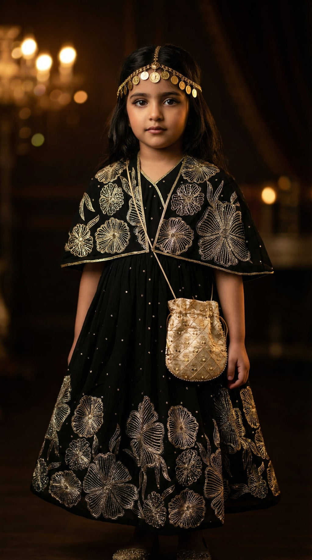 Radiant  Garangao Dress with Scalloped Cape & Artisan Pouch