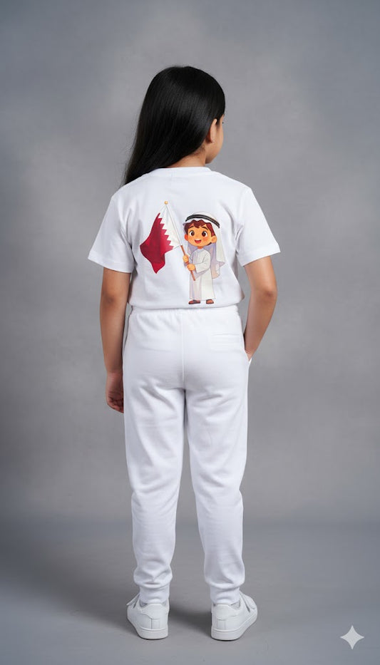 Qatar National Day Slogan Printed White T Shirt with White Pant - Girls