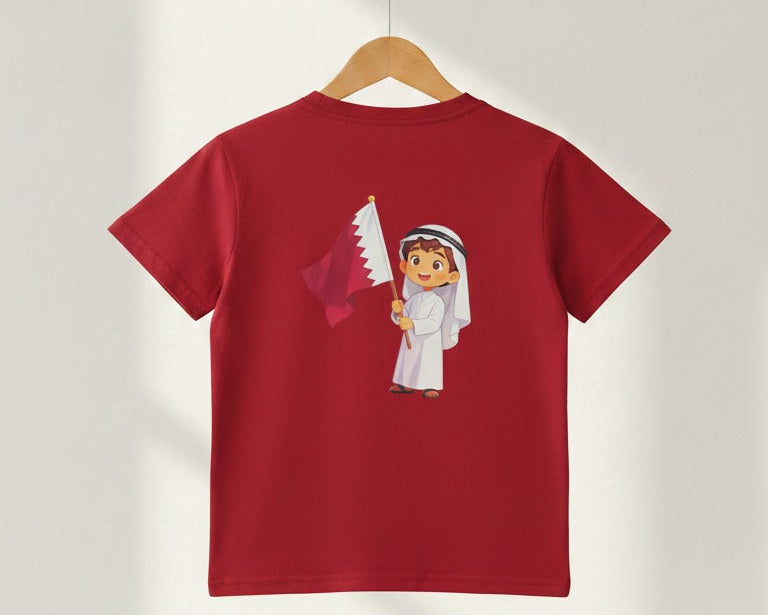 Qatar National Day Slogan Printed Maroon T Shirt with White Pant Boys