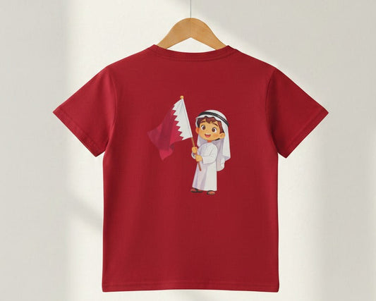 Qatar National Day Slogan Printed Maroon T Shirt with White Pant Girls