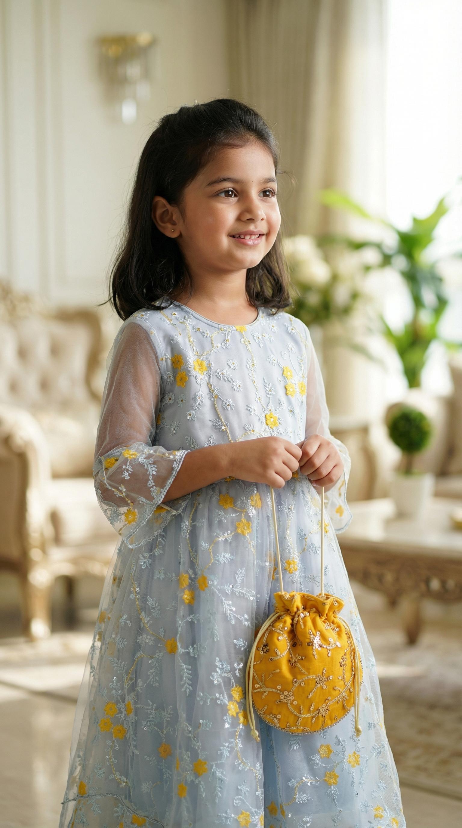 Beautiful Light Blue Floral Embroidered Girls Party Dress