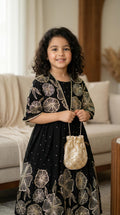 Black Gold Floral Embroidered Girls Festive Dress