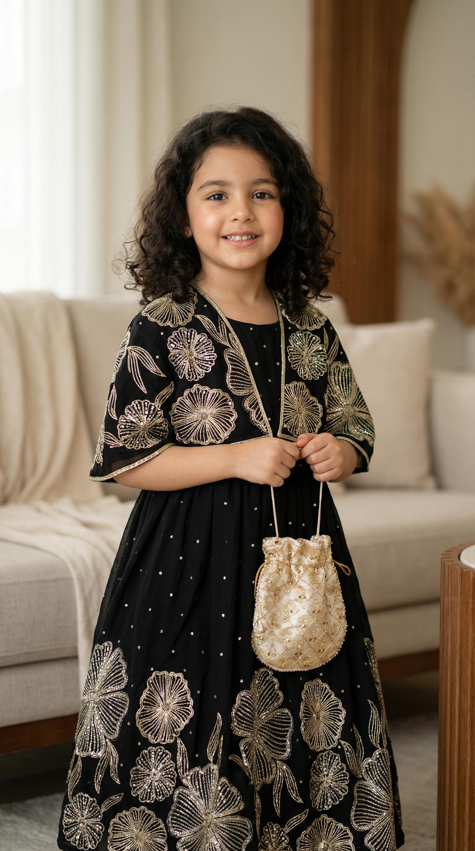 Black Gold Floral Embroidered Girls Festive Dress with Mini Potli Bag
