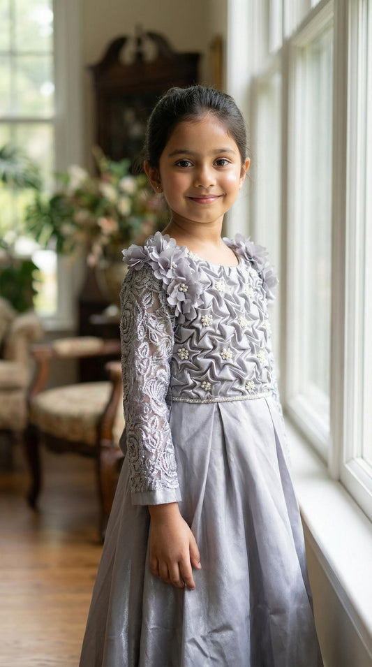 Elegant Grey Girls Party Gown