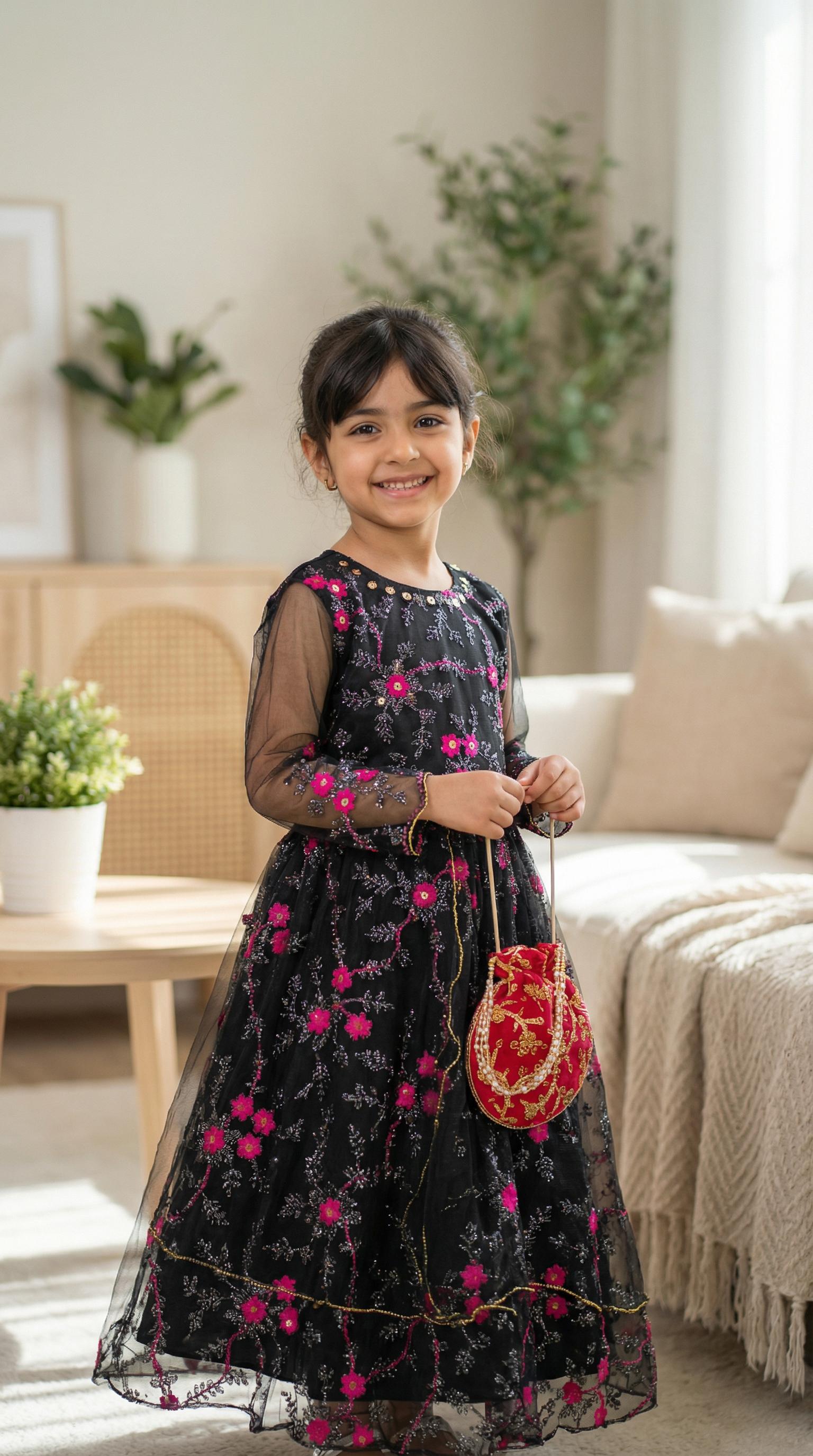Elegant Black Floral Embroidered Party Gown