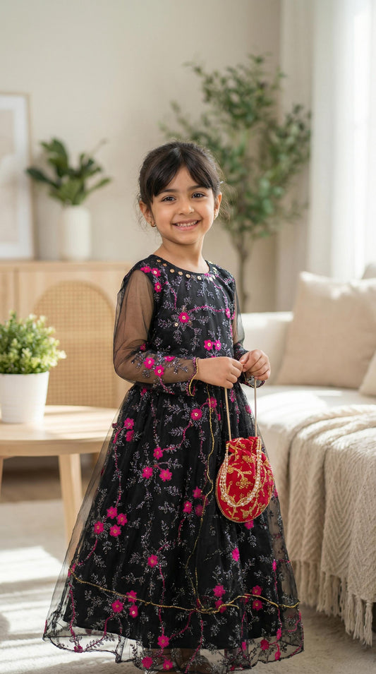 Elegant Black Floral Embroidered Party Gown