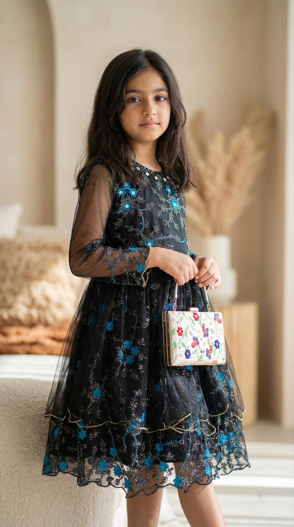 Black Floral Party Dress for Girls