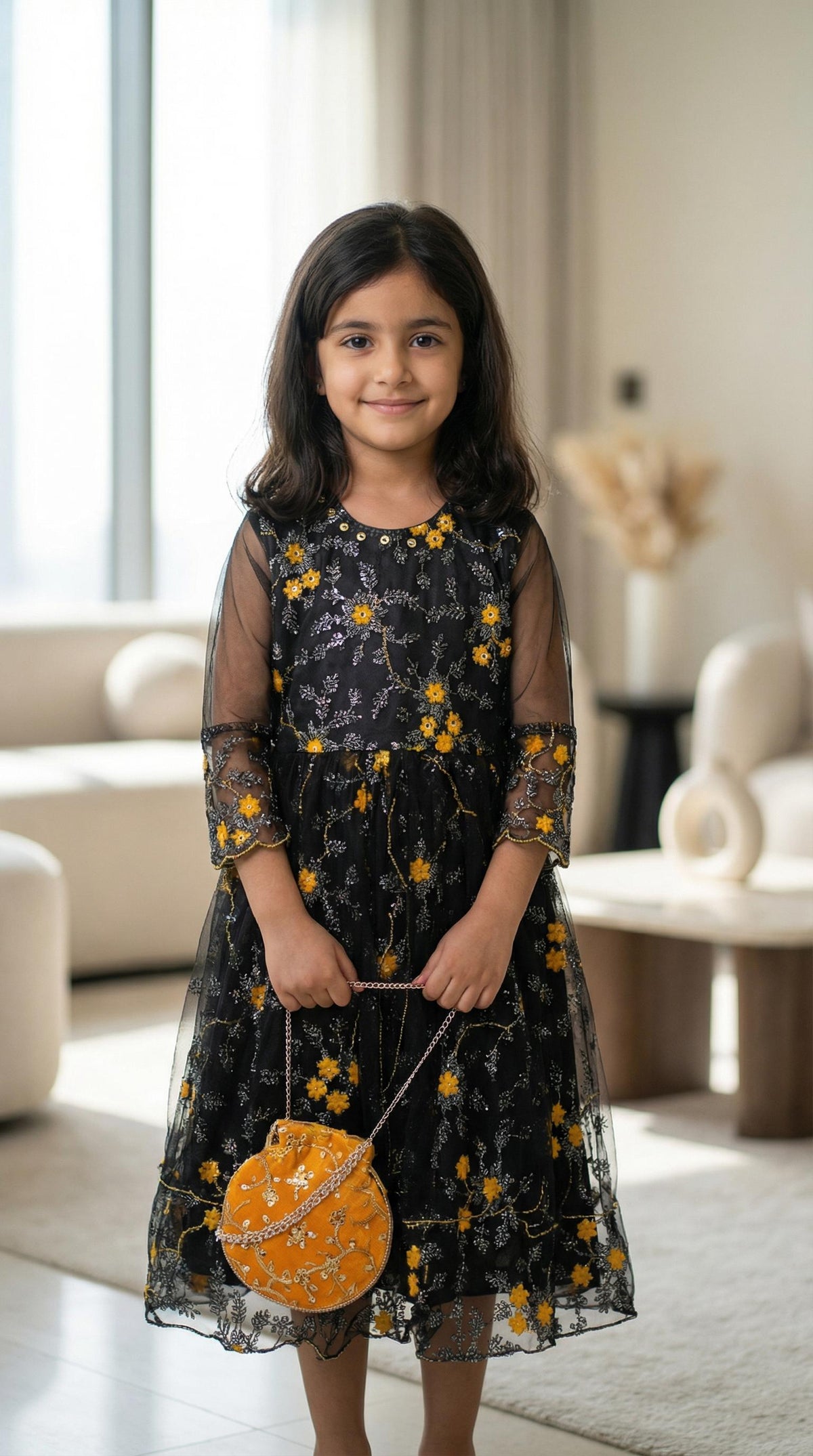 elegant black floral embroidered party gown.