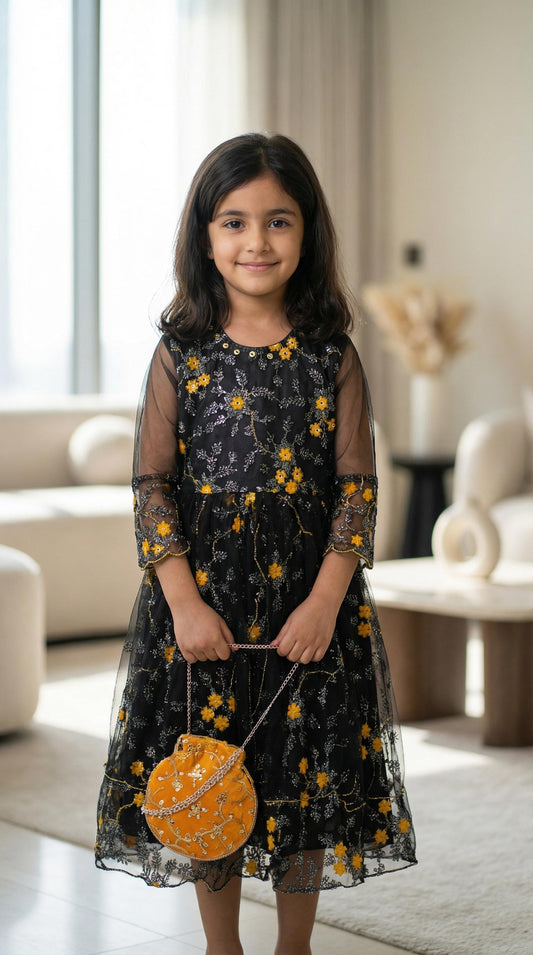 elegant black floral embroidered party gown.