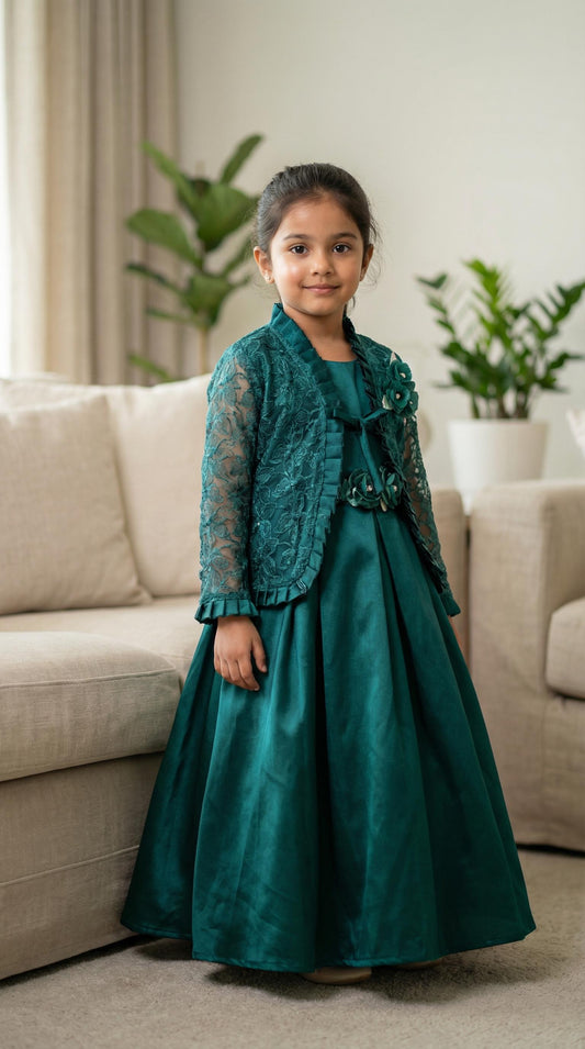 Elegant Green Girls Party Gown With Lace jacket.