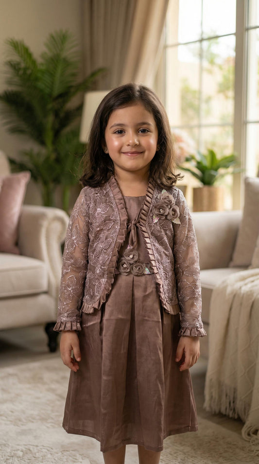 Beautiful Brown Girls Party Dress With Lace Jacket