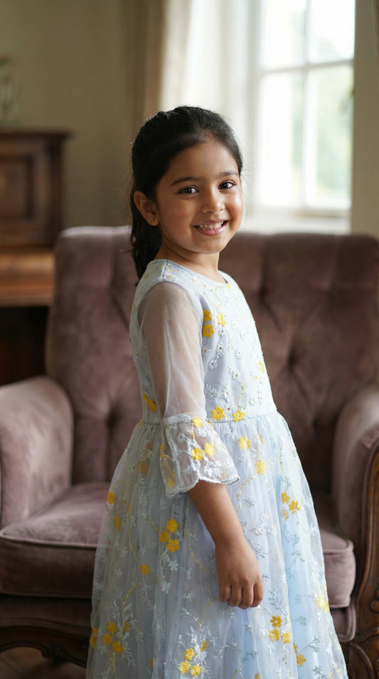 Beautiful Light Blue Floral Embroidered Girls Party Dress