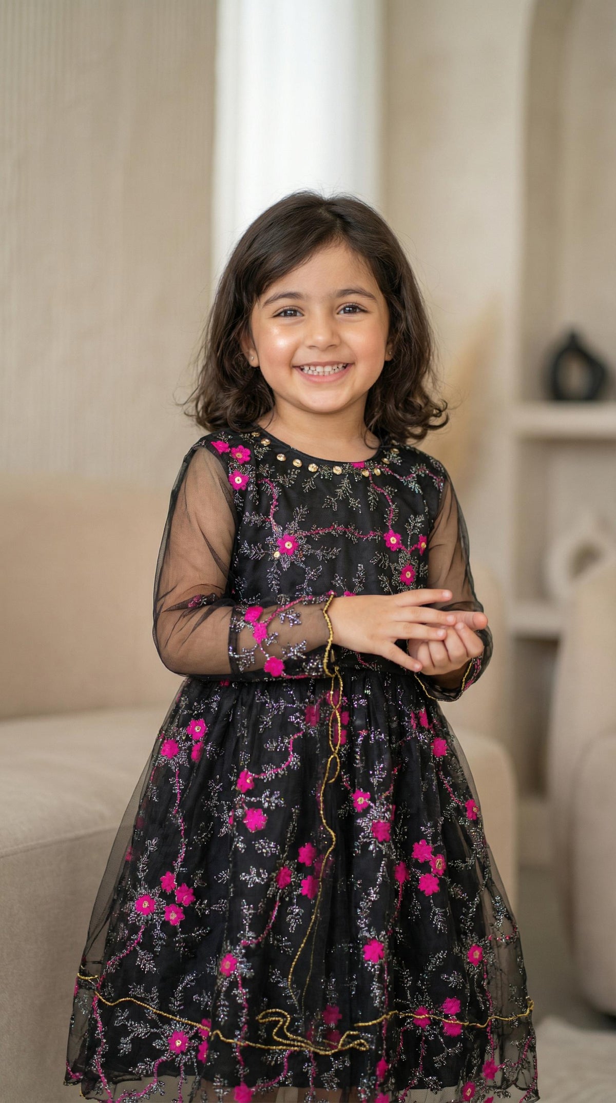 Elegant Black Floral Embroidered Party Gown