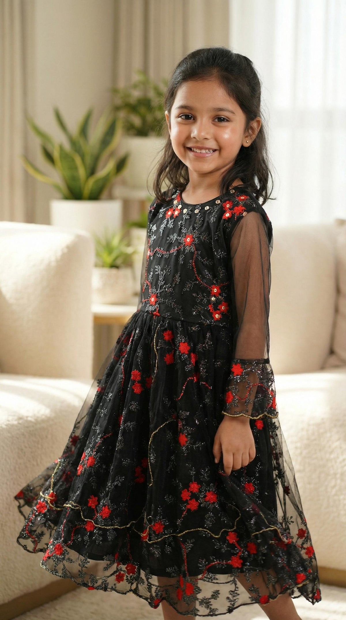 Elegant Black Floral Embroidered Party Gown