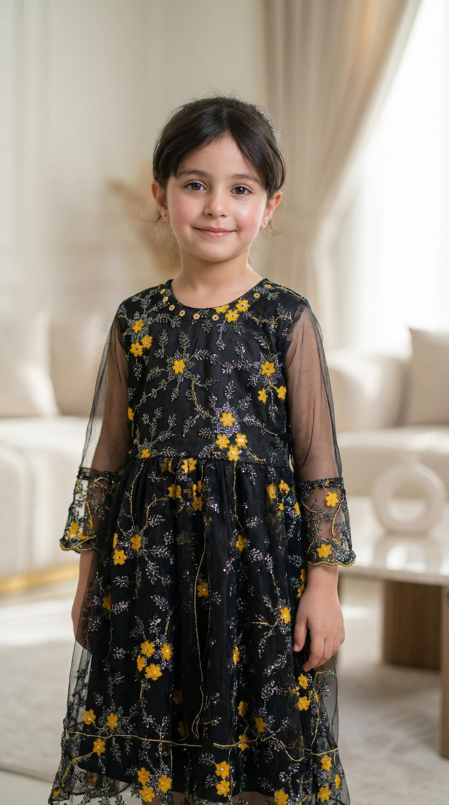 elegant black floral embroidered party gown.
