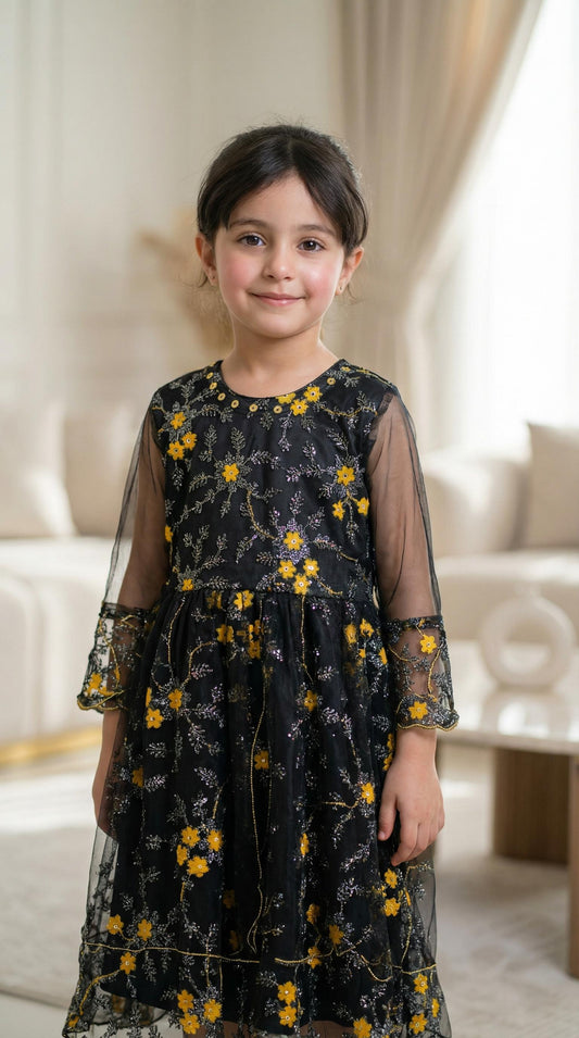 elegant black floral embroidered party gown.