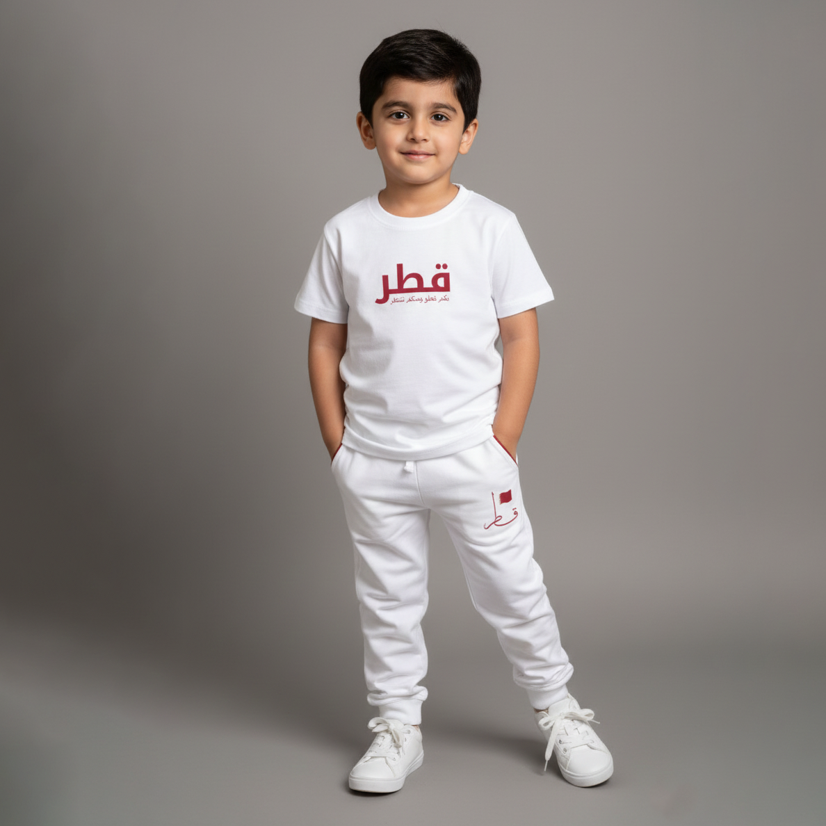 Qatar National Day Slogan Printed White T Shirt with White Pant - Boys