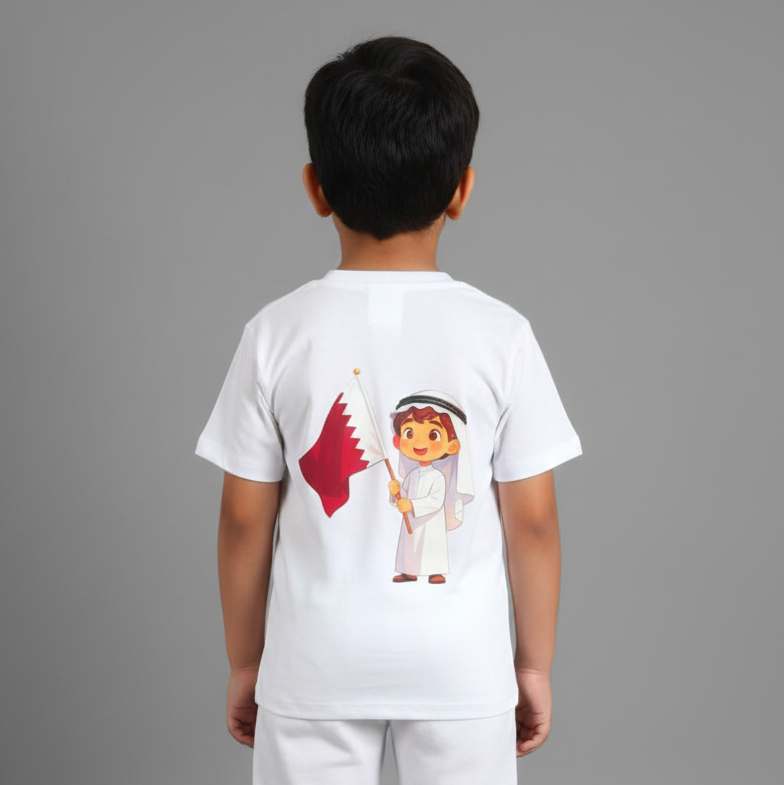 Qatar National Day Slogan Printed White T Shirt with White Pant - Boys