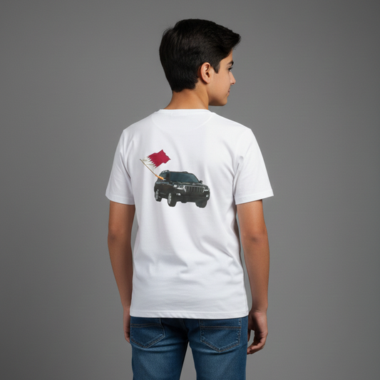 Qatar National Day Slogan Printed White T Shirt for Teens