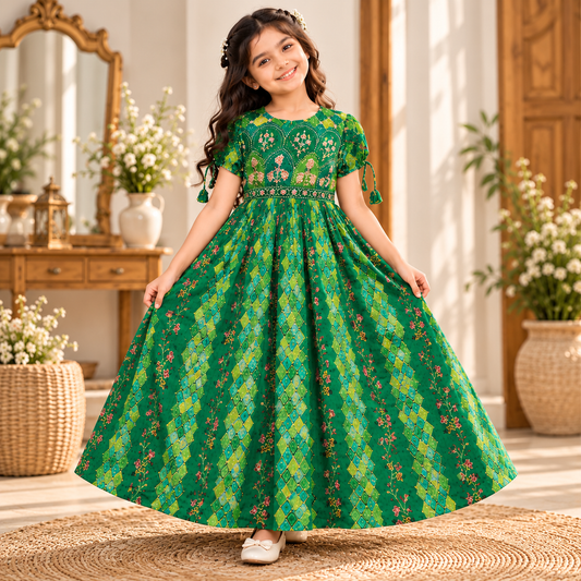 Girls' Emerald Green Floral Printed Ethnic Dress with Puff Sleeves