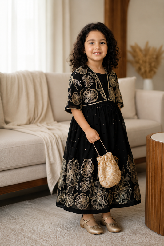 Black Gold Floral Embroidered Girls Festive Dress