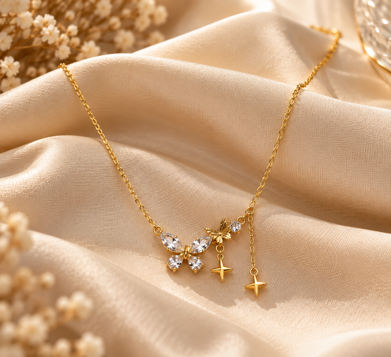 Gold Butterfly & Star Charm Layered Necklace